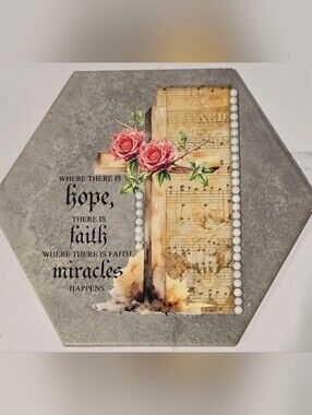Hope, Fairh, Miracles Quote Hexagon Plaque Highlighted With Rhinestones.
